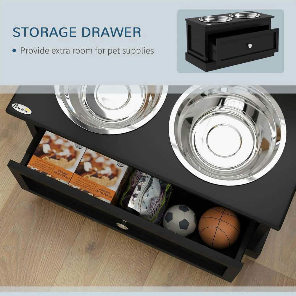 Barara King Pet Feeding Station, Dog Bowls, Elevated Dog Bowls with Storage Drawer, Raised Dog Bowl Stand Pet Food Bowl Dog Feeding Station, Black