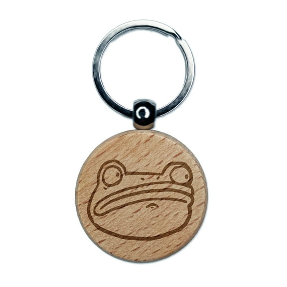 Wary and Suspicious Frog Toad Head Round Keychain Charm Tag - Engraved Wood