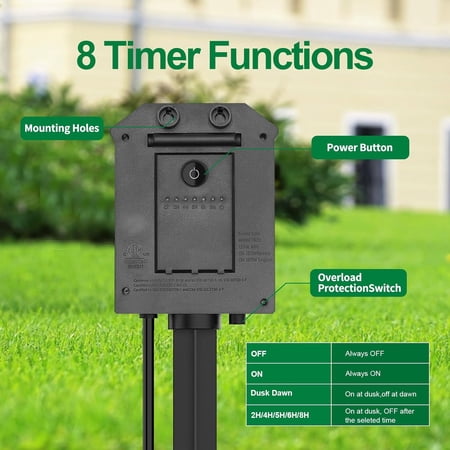HYTHU-TiFFCOFiO Outdoor Power Stake Timer, 100FT Remote Control, Dusk to Dawn Christmas Light Timer, 6FT Extension Cord Waterproof, 6 Grounded Outlets for Outdoor Christmas Decorations, ETL Listed