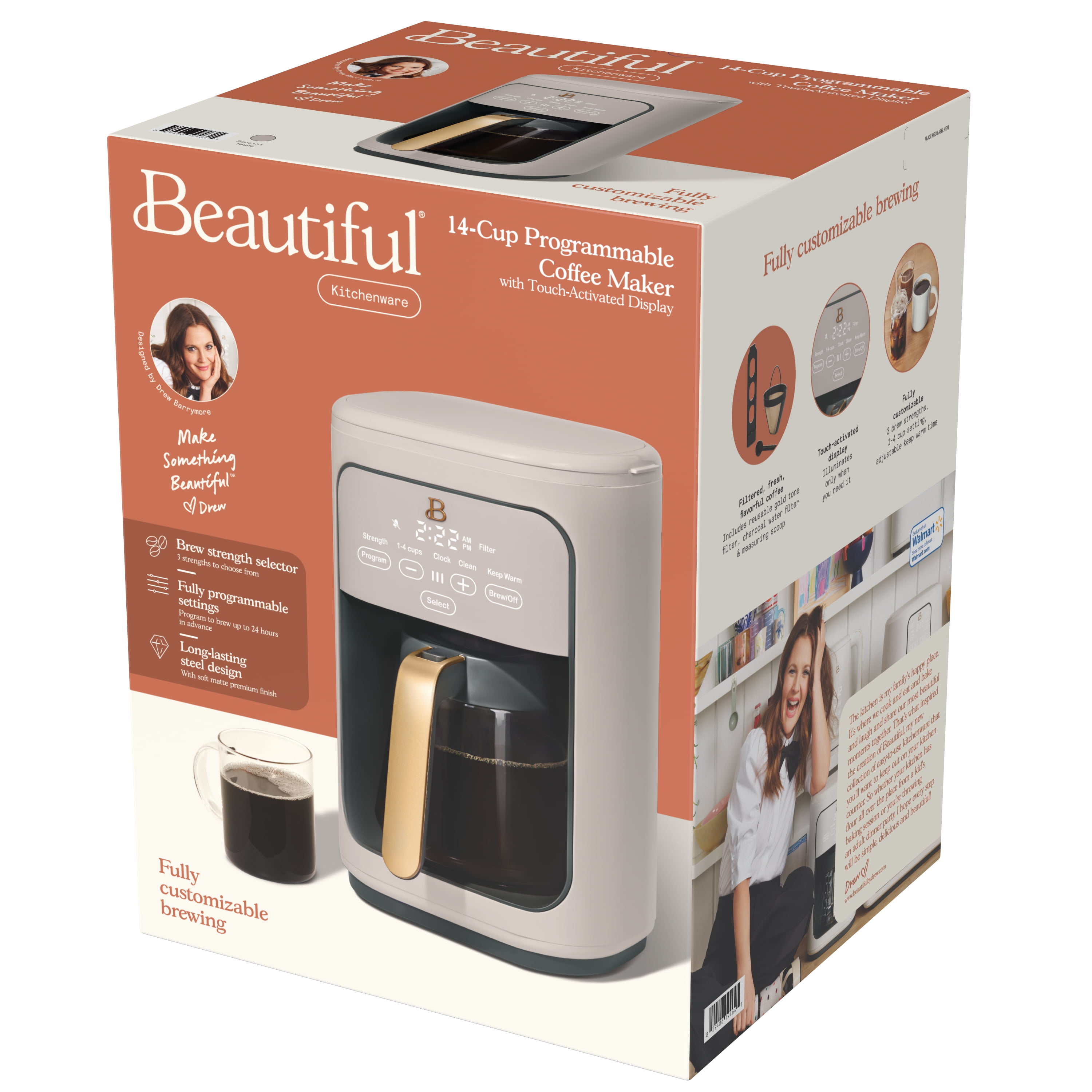 Beautiful 14-Cup Programmable Drip Coffee Maker with Touch-Activated Display, Porcini Taupe by Drew Barrymore