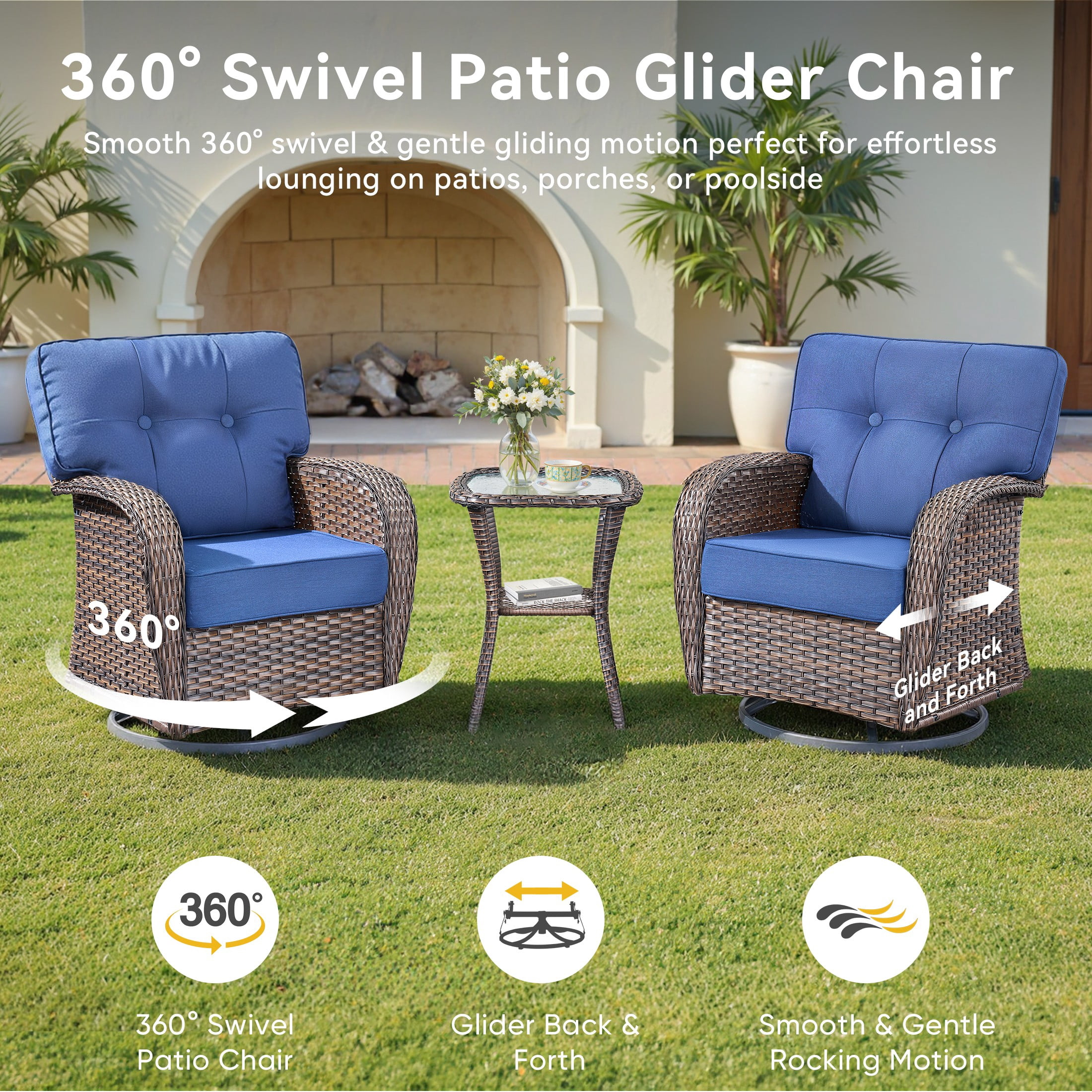 Unnifurnzi 4 Pieces Patio Furniture Set with Fire Pit Table-All Weather Wicker Patio Conversation Sets with Swivel Patio Chairs Outdoor Couch for Deck Porch Garden Balcony Poolside-Brown/Blue