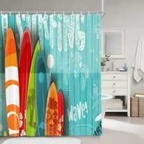 Beach Shower Curtains for Bathroom, Summer Surf Nautical Surfing Surfboard Bathroom Curtains, Tropical Colorful Surfboard in Vintage Style on Teal Wooden Fabric Shower Curtain Set with Hooks, 69X70in
