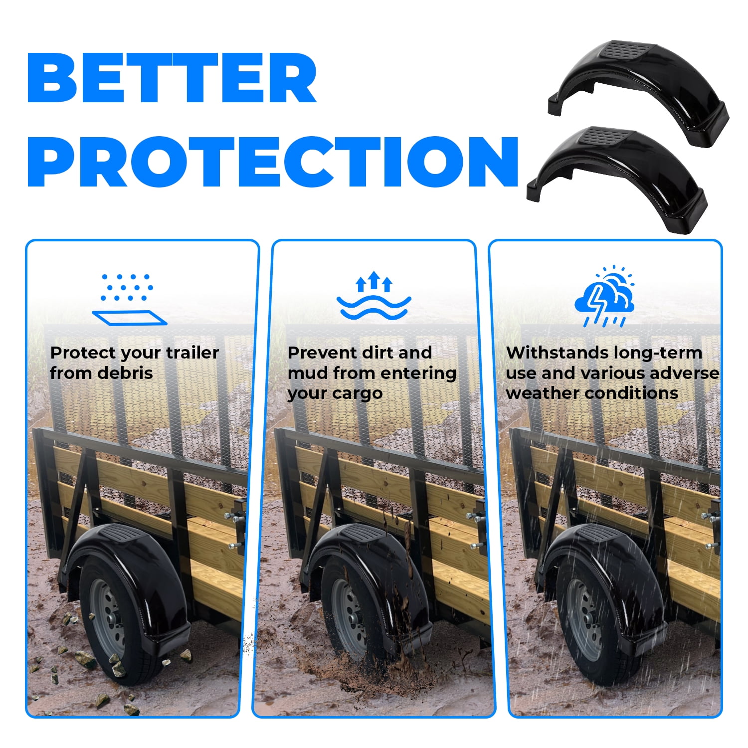 Kojem 2Pcs 13" Single-Axle Trailer Fenders W/Steps Skirt Boat Black
