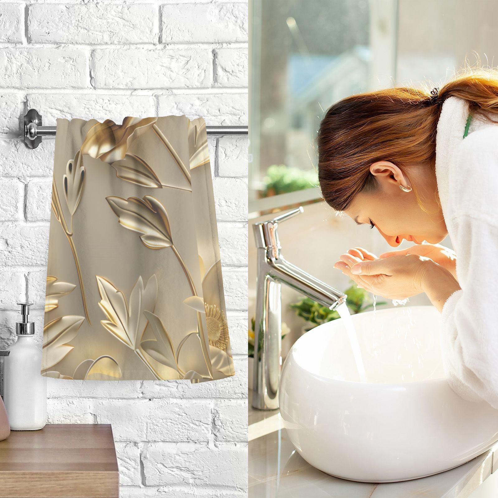 Gold Flowers and Leaves Hand Towel Bath Towels Face Towels Cotton Absorbent for Home Hotel Spa Swimming Yoga Sports Decorative Towel Set of 2