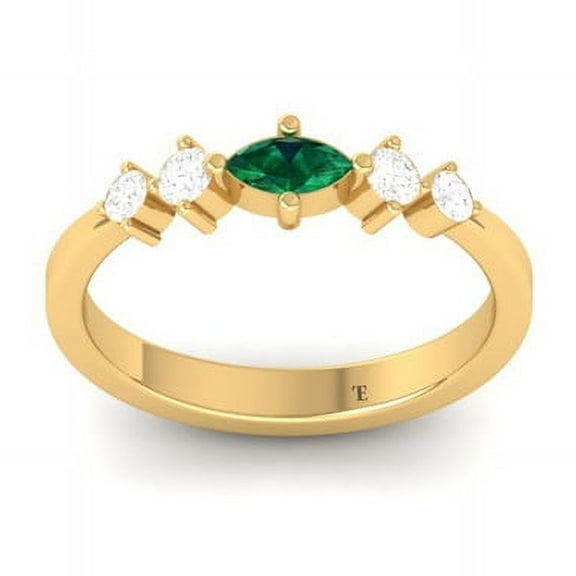 14K Yellow Gold Plated Green Emerald and Moissanite Wedding Band for Women, Marquise Cut Ring
