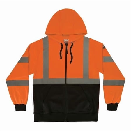 Ergodyne EGO22946 Unisex Type R & Class 3 Essential Hi-Vis 8312BK Hooded Zip-Up Sweatshirt with Black Bottom, Orange - 2XL