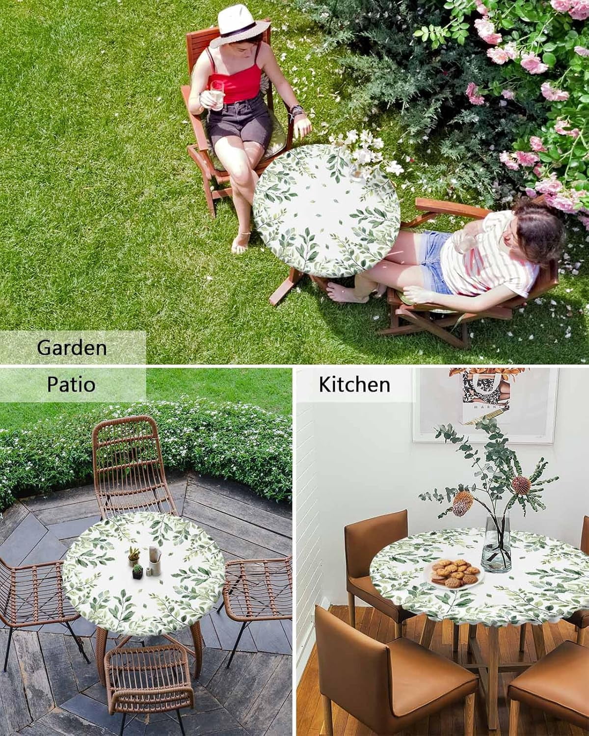 Watercolor Round Fitted Tablecloth Elastic Edged Table Cover,Spring Green Leaves Waterproof Wipeable Table Cloths for Kitchen Dining Party Fit up 45-52in Tables,Botanical Leaf on White