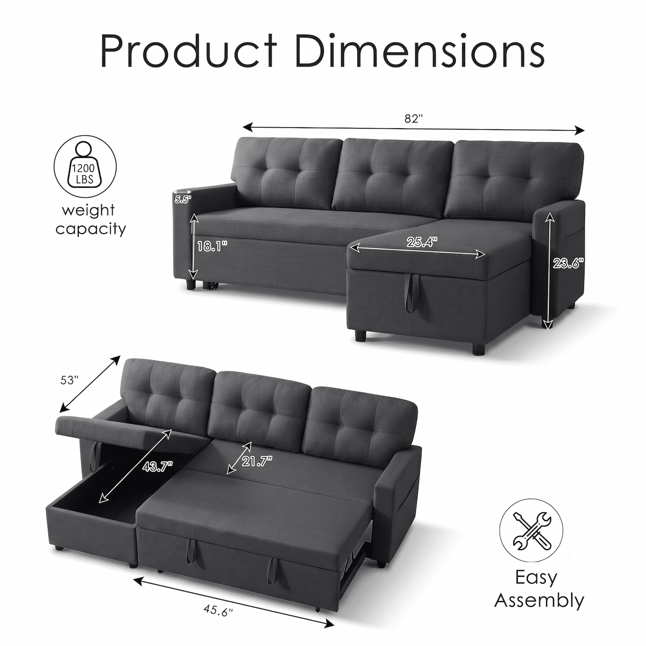 Xiweot Sectional Sleeper Sofa Bed 82" Convertible L Shaped Couch with Storage Chaise, USB Ports & Side Pockets, Compact Linen Pull Out Sofa for Living Room Apartment Recreational Vehicle, Dark Gray