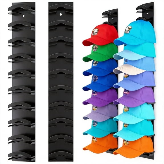 Chicada Hat Organizer Rack Hanger for Baseball Caps Wall Mounted Multilayer Strong Adhesive Hold Up to 20 Hats for Door and Closet 2 Pack, Black