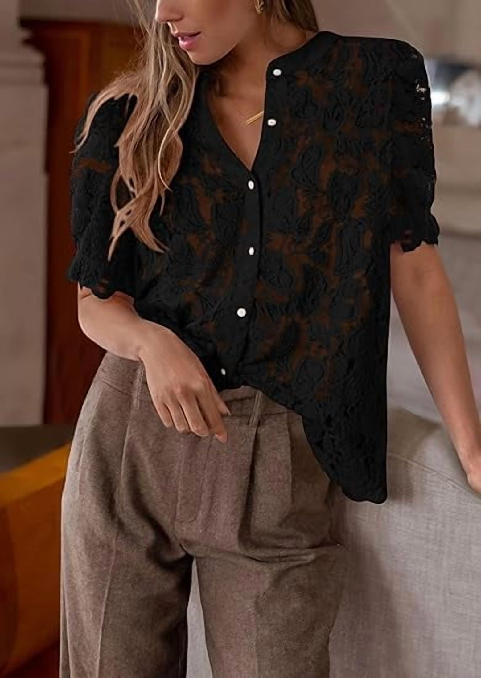 PRETTYGARDEN Womens Summer Lace Tops Short Puff Sleeve Casual Dressy Blouses Eyelet Crew Neck Buttom Down Shirts