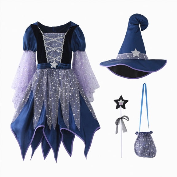 Kakishop Witch Costume for Girls Princess Dress with Hat and Wand Party Halloween Costumes for Kids, 4-5 Years