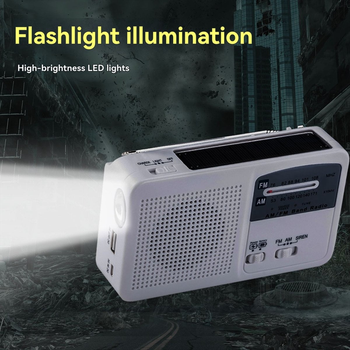 FM/AM Radio Solar Hand Crank Self Powered Radio Multifunctional Portable Emergency Radio with Flashlight White,1 x Portable Radio 1 x USB cable,White