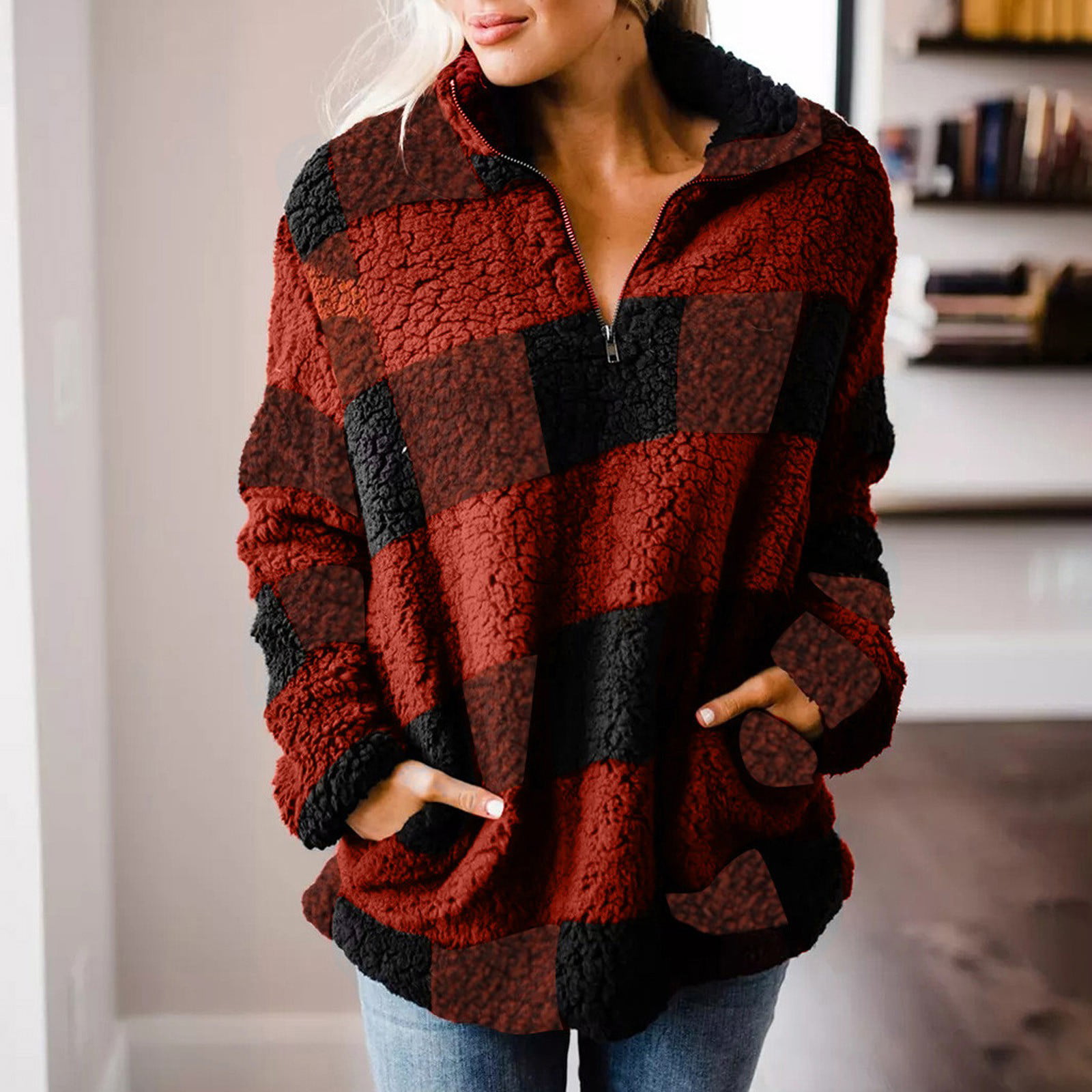 ZESICA Women's Plaid Long Sleeve Zipper Sherpa Fleece Sweatshirt Pullover Jacket Coat with Pockets 