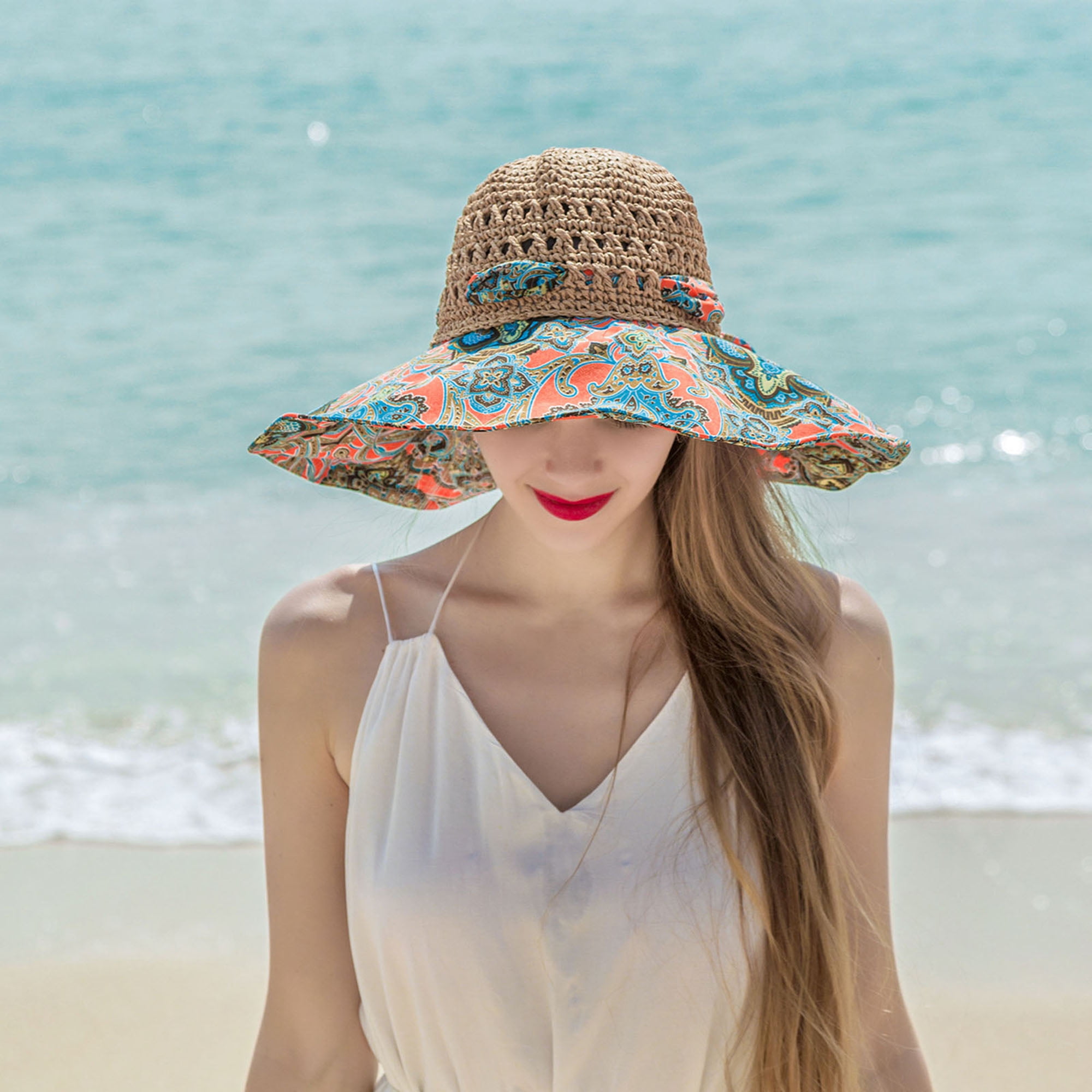 Foldable Straw Hat Summer Floppy Boho Beach Sun Hat for Women Wide Brim UV  Protection Cap 