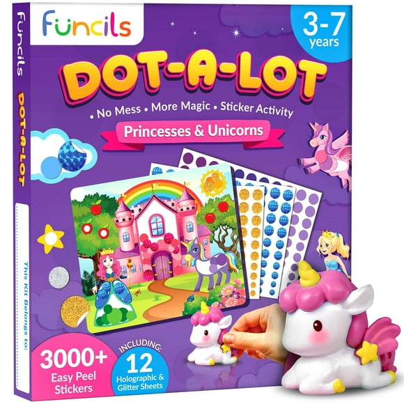 Funcils Dot Art Activity - Unicorn & Princess Sticker Art Kit, Toddler Arts & Crafts for Kids, Stocking Stuffers, Christmas Gifts for Boys & Girls Ages 3, 4, 5, 6, 7 Year Old - Travel Activities Toys
