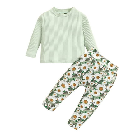 

Musuos 2 Pcs Infant Casual Outfits Toddler Ribbed Long Sleeve Round Neck Sweatshirt + Daisy Print Trousers with Pockets