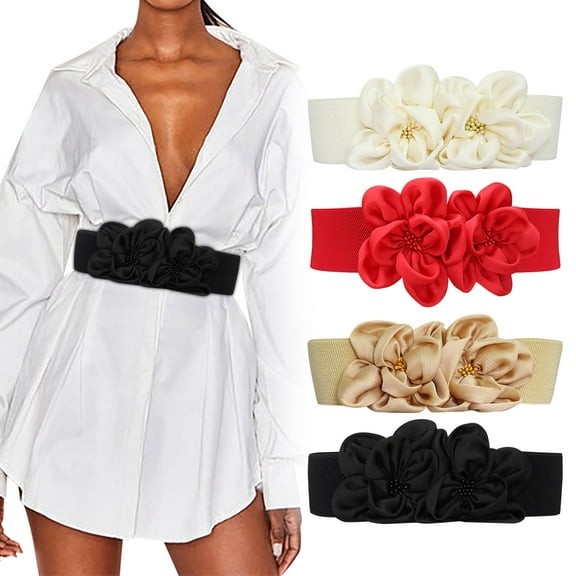 Womens Chiffon Flower Belt Decorative Elastic Waistband with Buckle Detail