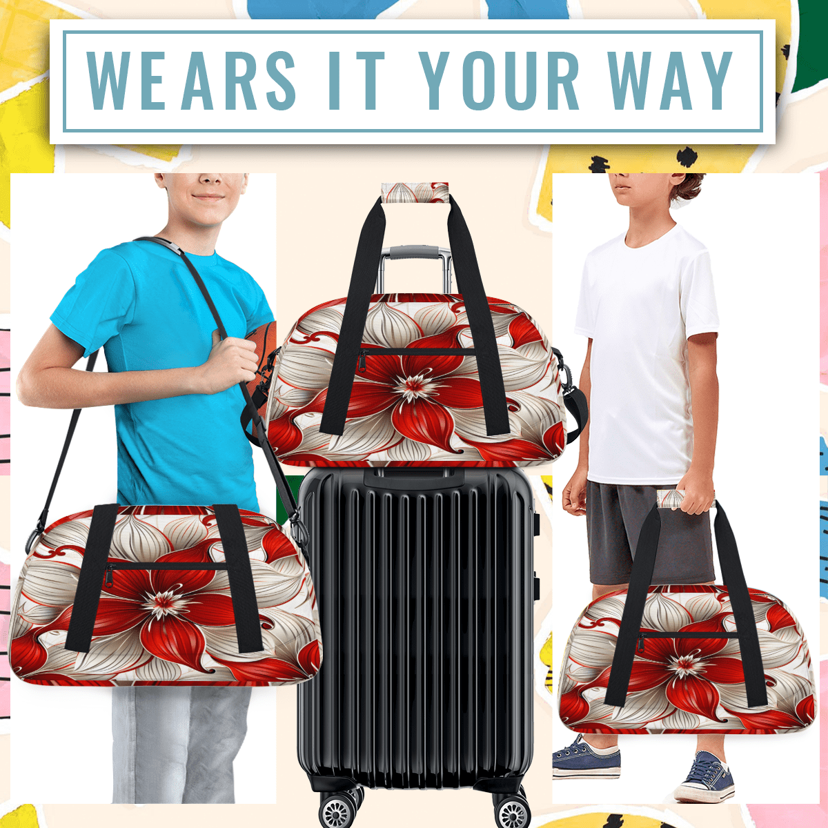 Herdesigns Red Floral Sports Duffle Bag for Women & Men, Modern Flowers Gym Bag Dance Bag Overnight Bag Carry On Weekender Travel Bag