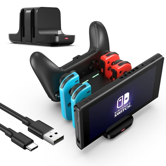 Cargador para mandos de Nintendo Switch, OLED, Lite, estación de carga 6 en 1 para JoyCon y Pro Controller, soporte de carga para mandos con indicador LED y cable de carga tipo C