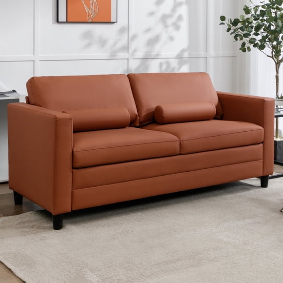 ZAFLY 2-in-1 Queen Size Pull Out Sofa Bed | Convertible Sleeper Sofa with Fold Out Mattress | Leather Loveseat Futon Couches for Living Room - Cognac Tan