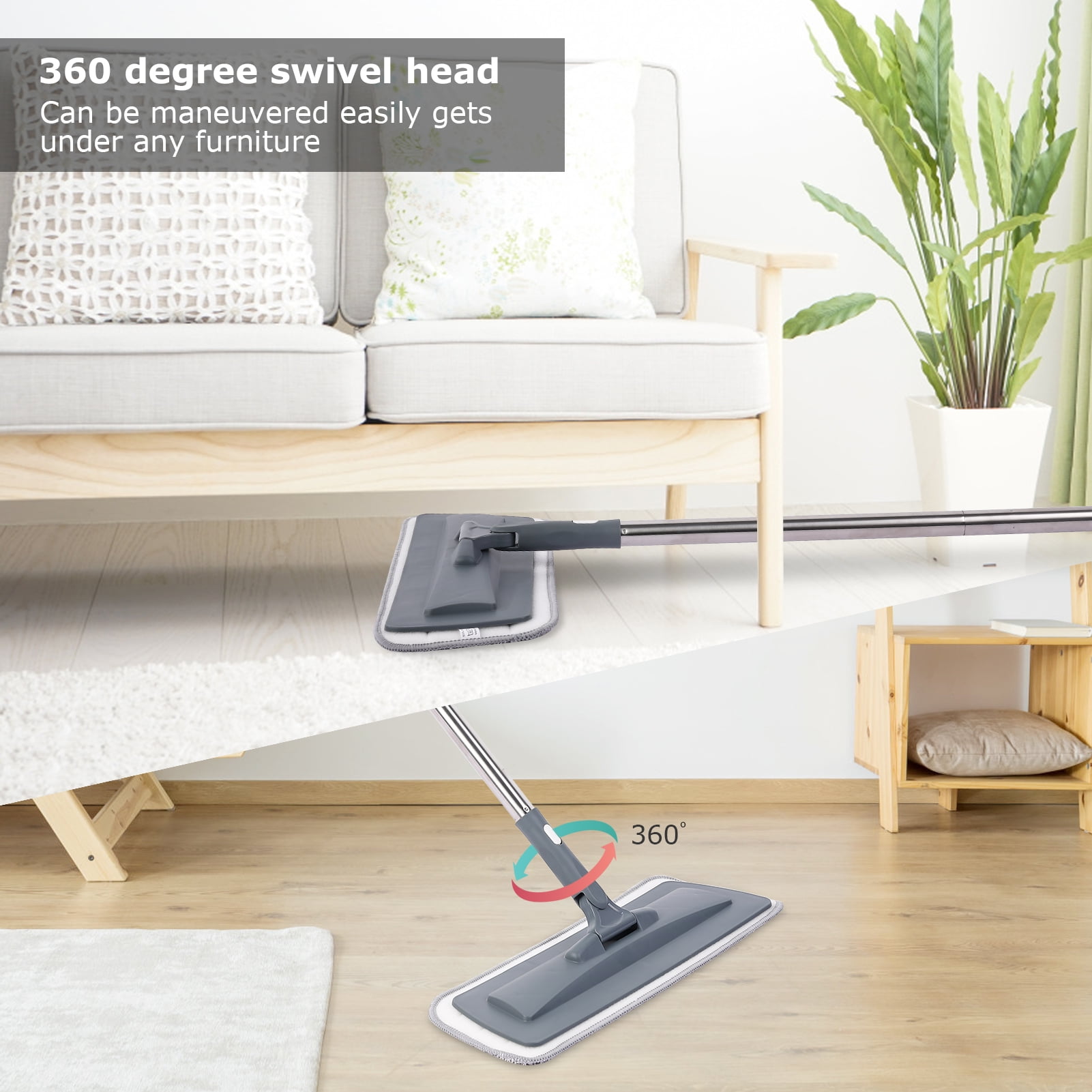 Reusable Microfiber Mop for Hardwood Floor Daily Easy Cleaning Dust Mops with 360 Degree Swivel Head, 1 Scrubber and 1 Washable Pad