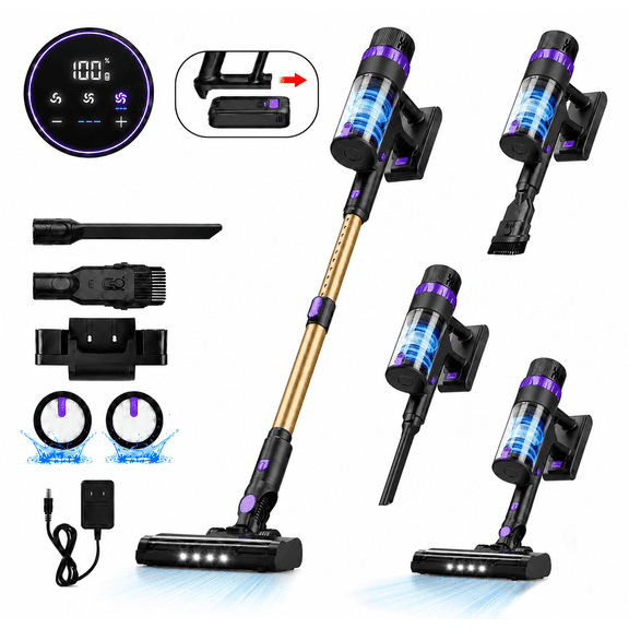 Prettycare Cordless Vacuum Cleaner, 48KPA 530W, 8*2600mAh 55mins Runtime 9 in 1 Stick Vacuum for Home Pet Hair Carpet Wood Floor