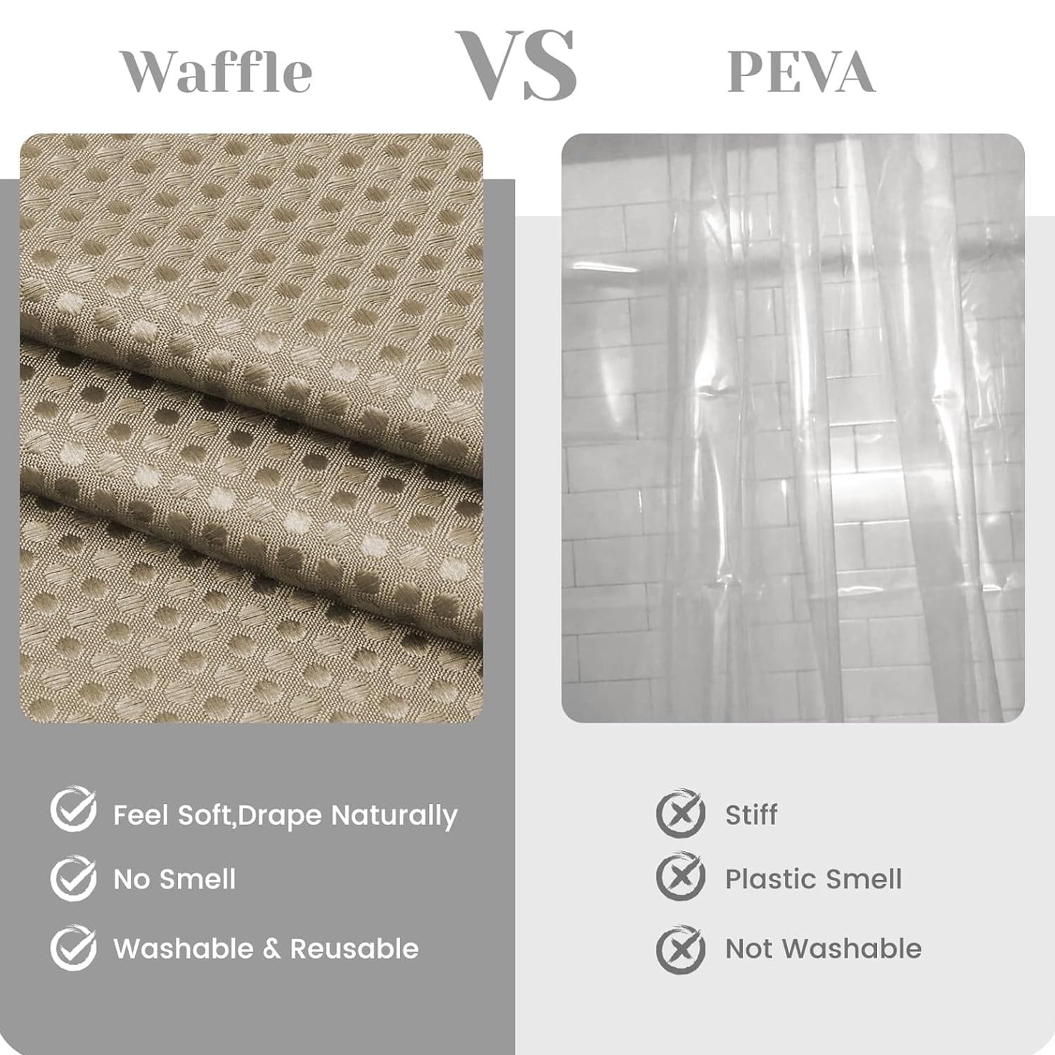 Waffle Weave Hookless Shower Curtain with Snap in Liner, DawnJoanHD Beige Polyester Fabric Shower Curtains with See Through Top Window, 71" x 74"