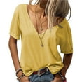 thumbnail image 3 of Womens T-Shirts Deep V Neck Short Sleeve Solid Color Loose Basic T Shirt Fashion Versatile Pullover Tshirt, 3 of 5