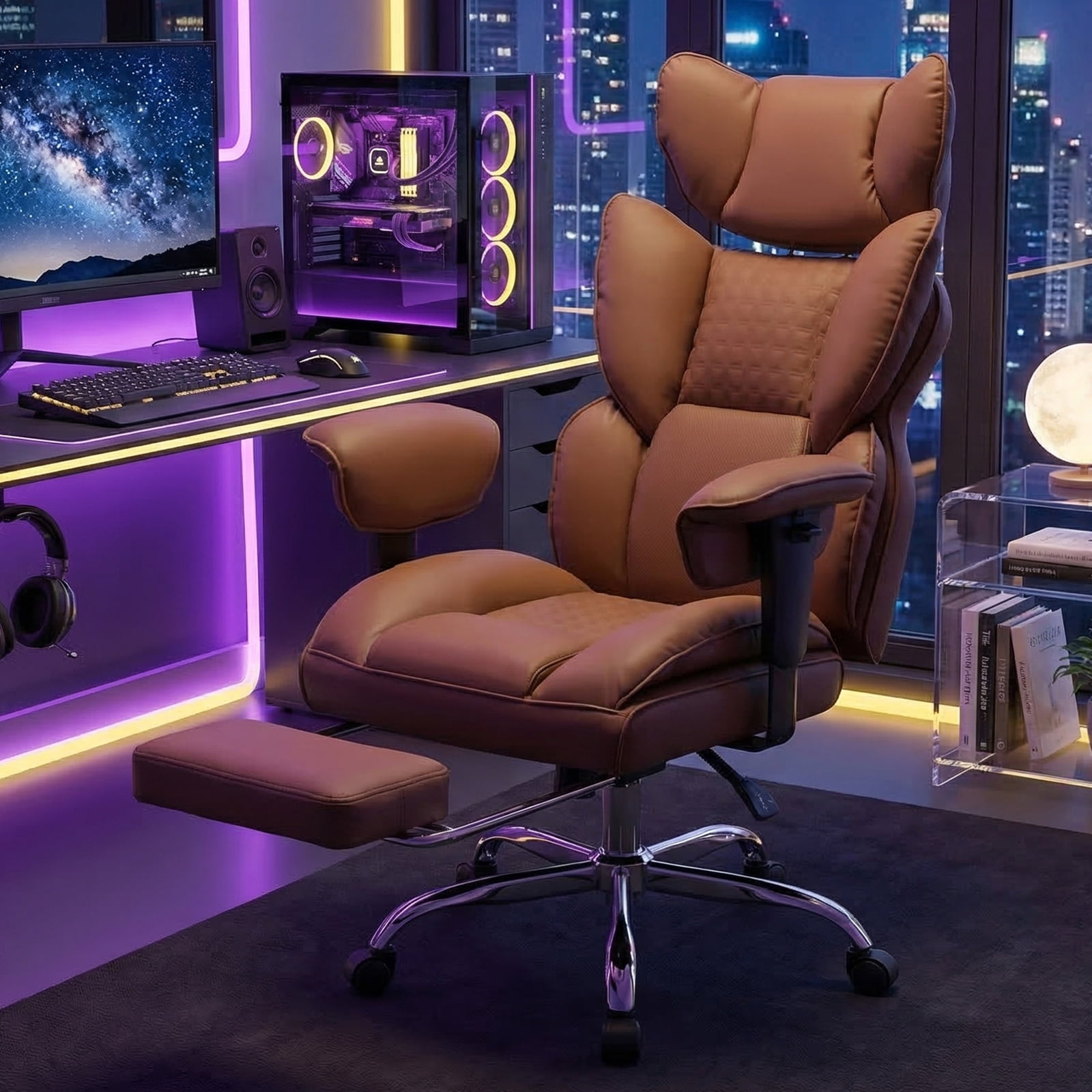 CONCETTA Ergonomic Office Chair 400LBS for Big & Tall, Heavy Duty Desk Chair with Reclining Back, Footrest, Luxurious PU Leather, Brown