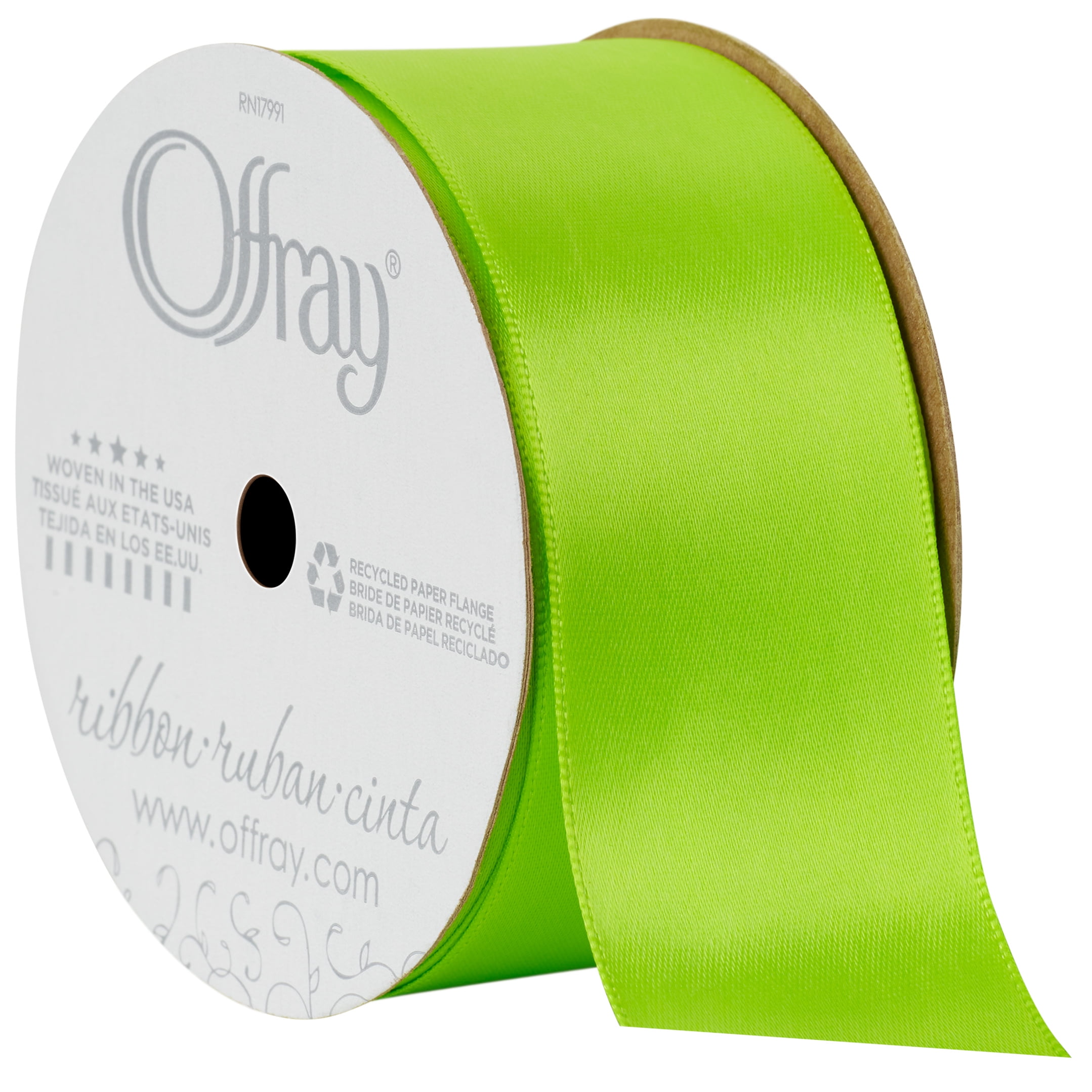 Offray Ribbon, Chartreuse Green 1 1/2 inch Double Face Satin Polyester Ribbon, 12 feet