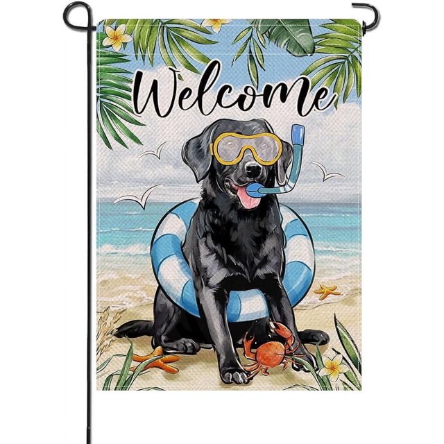 Bandera decorativa pequeña para jardín, diseño de perro labrador negro, ideal para la playa, el jardín, el césped y el exterior, ideal como regalo para amantes de los perros, con forma de anillo de