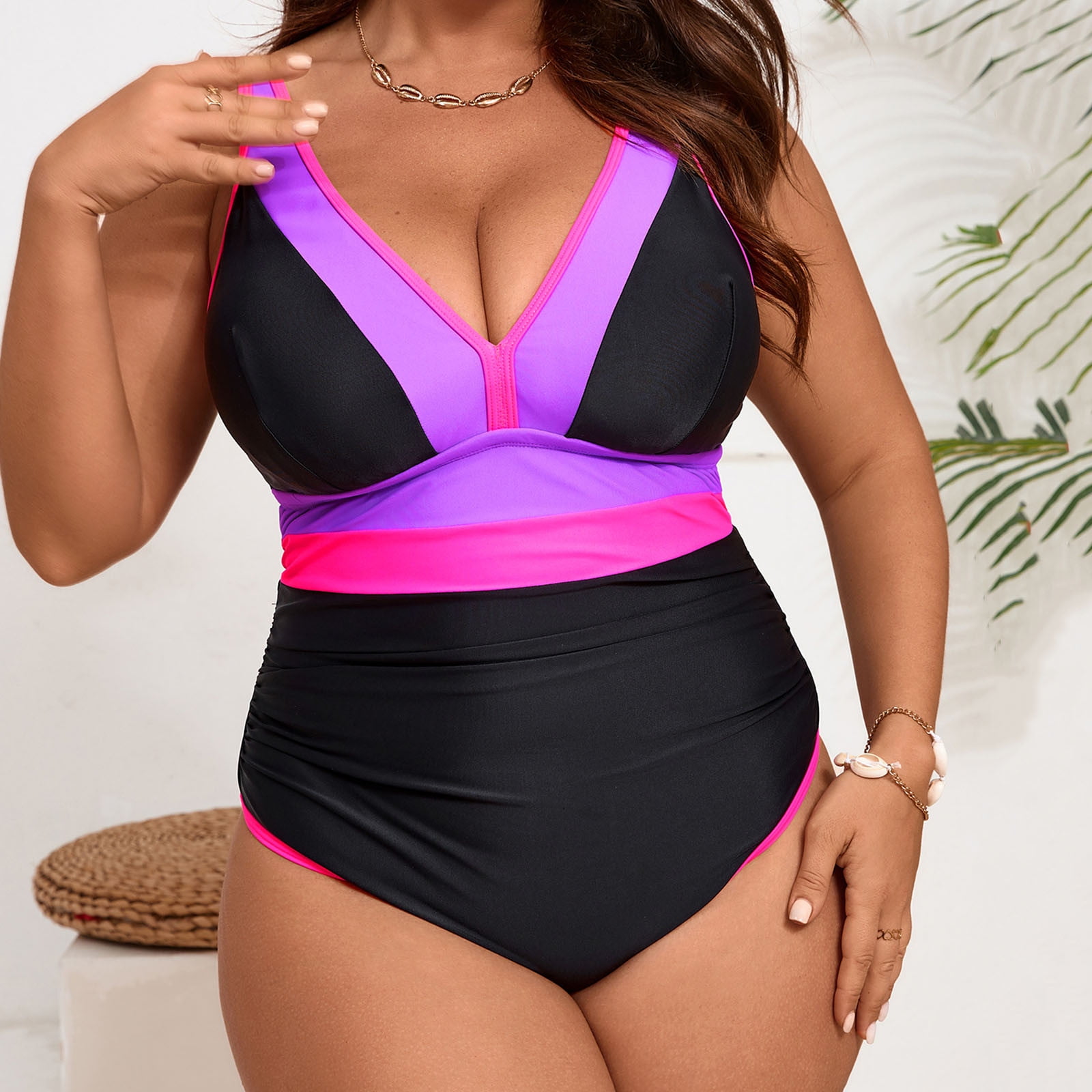 Ayolanni Plus Size Swim Suits for Women Tummy Control Neon Pink Colorblock High Cut Swimwear Swimsuit Tops for Women L