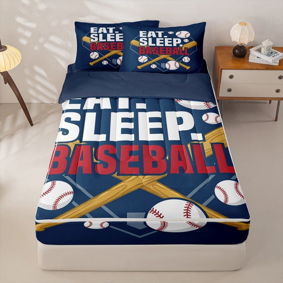 Homewish Eat Sleep Baseball Zipper Twin Comforter Sets with Fitted Sheet and 2 Pillowcases, Sport Zipper Bedding Set for Boys and Girls, Navy Reversible, 4 Pieces