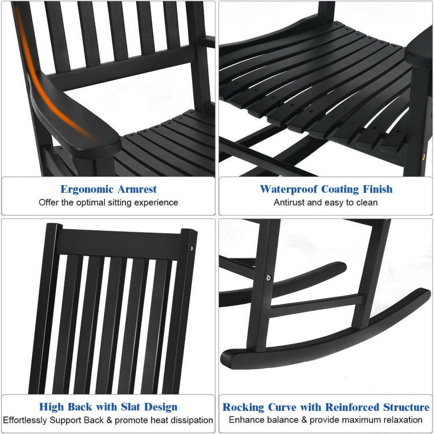 Aimee Lii Outdoor Rocking Chair, Patio Wooden Rocker Chair for Lawn, Porch, Backyard, Indoor and Garden, Black