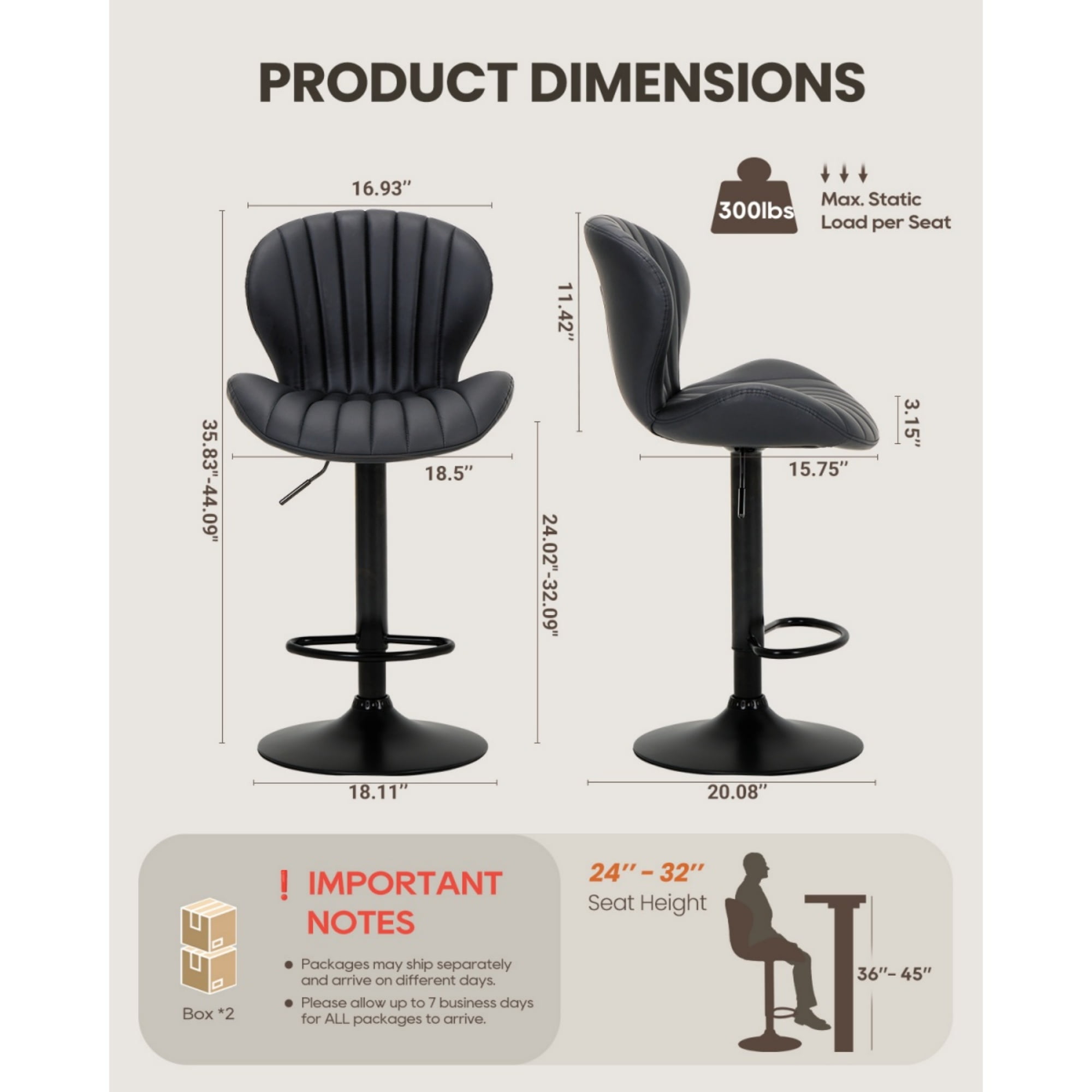EOP Swivel Bar Stools Set of 4, Modern Upholstered Adjustable Height Counter Stools with Footrest, Faux Leather Upholstered BarStools with Metal Frame, Bar Chairs with Backrest, Black