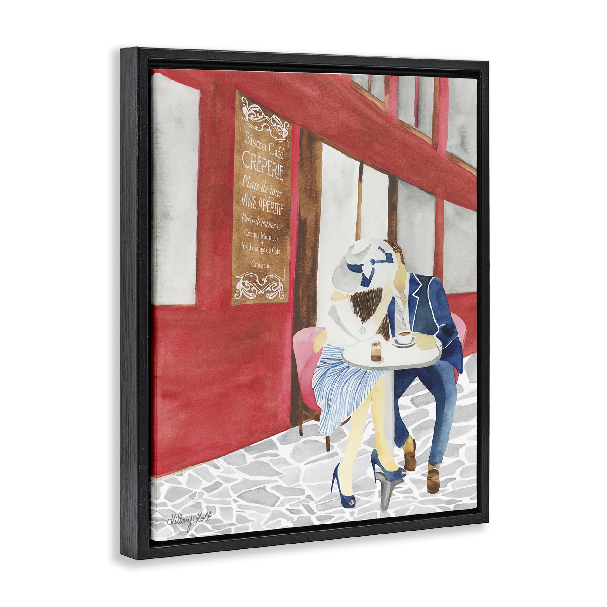 Stupell Industries Kiss At Parisian Cafe Black Framed Floater Canvas Wall Art, design by Hillary Holt