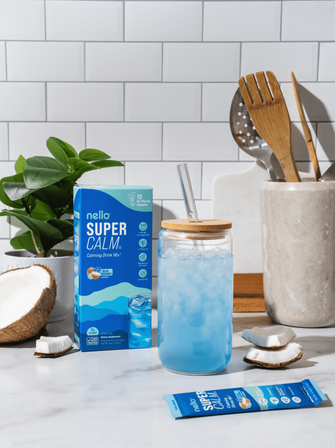 Nello Supercalm Calming Drink Mix Packets, Blue Coconut, 1.5 oz, 10 Count