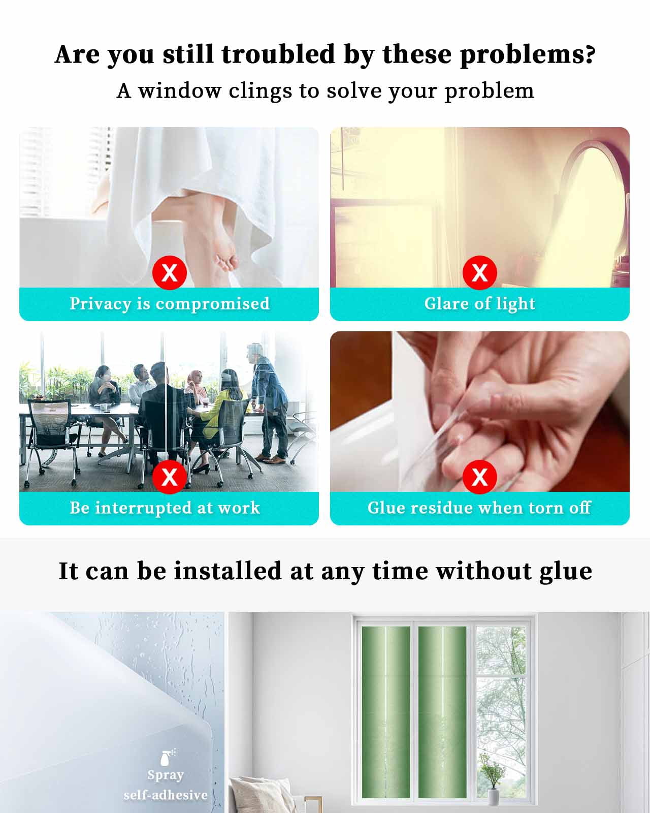 Window Privacy Film, Forest Green Ombre UV Sun Blocking Window Tint Film Heat Control One Way Blackout Window Film, Modern Abstract Gradient Color Art Non Adhesive Static Cling Sticker 29.5x118 In
