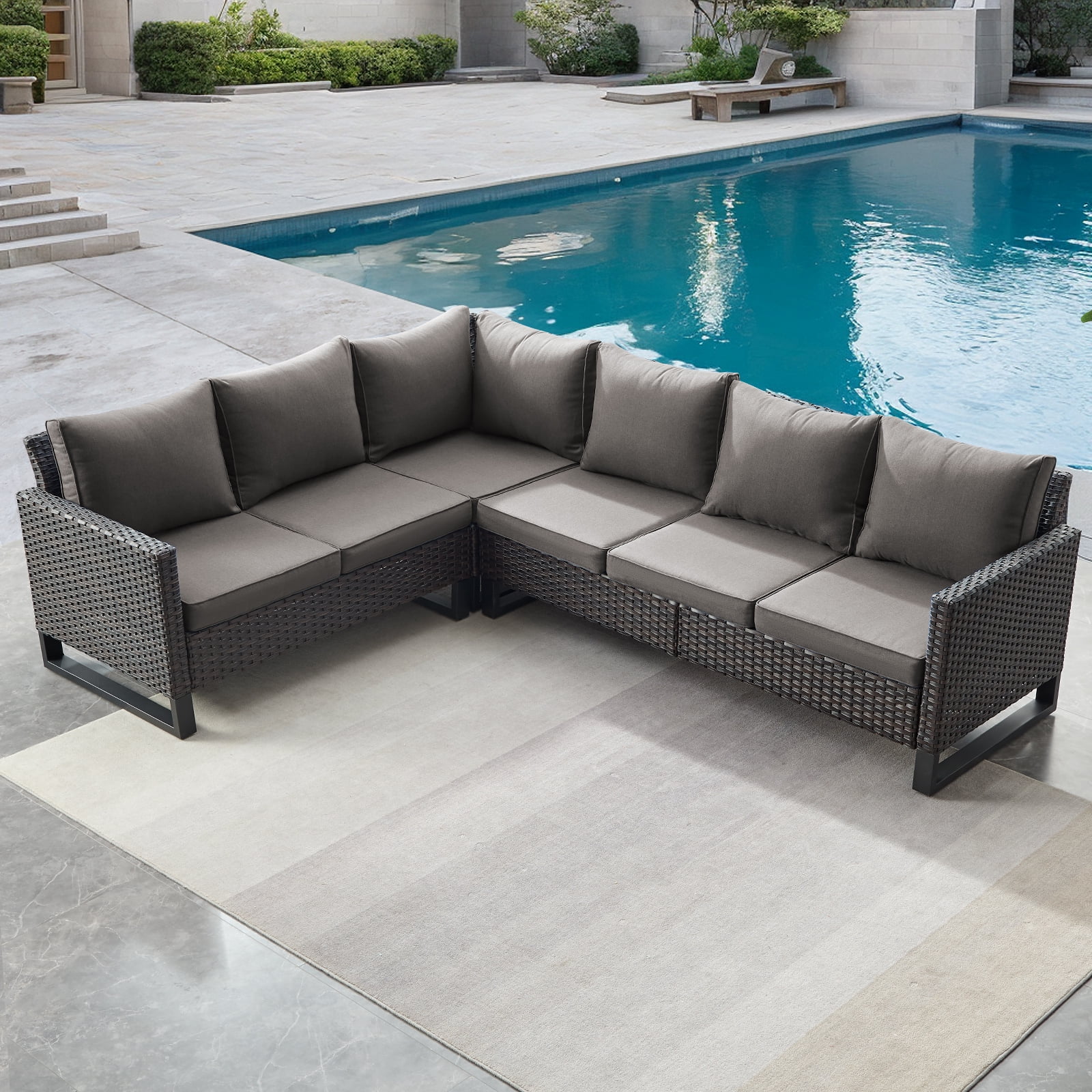POCASSY Outdoor Furniture Set with Outdoor Sectional Sofa, 102 Inch Width Patio L Shape Sectional Sofa Brown Wicker Rattan Couch for Porch Deck Backyard, Brown/Gray