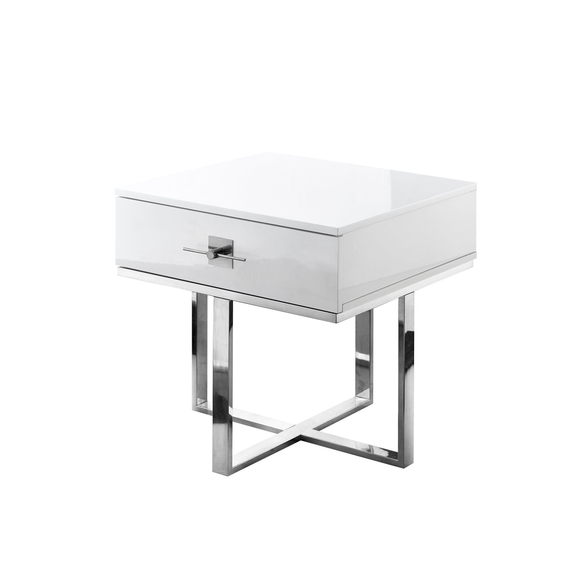Hilo White Chrome Side Table - 1 Drawer, Hight Gloss Lacquer Finish, Polished Stainless Steel Base