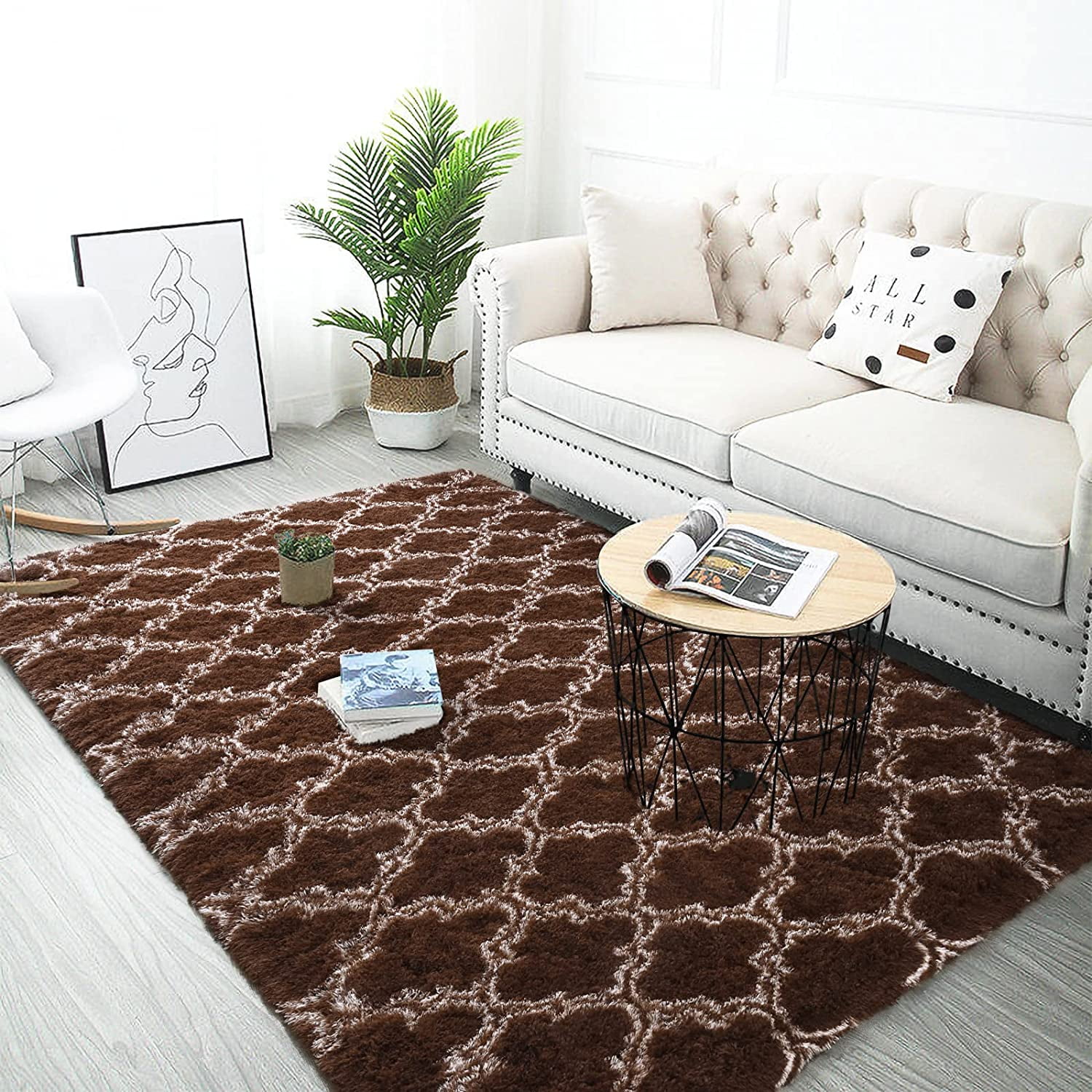 Lochas Shag Area Rug Geometric Plush Fluffy Rugs Soft Moroccan Carpet for Bedroom Living Room Floor Mat Home Decor,5x8ft,Brown
