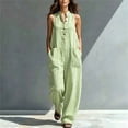thumbnail image 5 of Ke1Clo Spring Fall Jumpsuits for Women Casual Wide Leg V-Neck Sleeveless Button Front Jumpsuits Full Length Flowy Pocket Lounge Jumpsuit Green S, 5 of 7