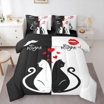 Castle Fairy Animal Cats Twin Bedding Sets 7-Piece for Female Men Women,Romantic Couple Lover Bedding Comforter Set Microfiber,Happy Valentine's Day Breathable Sheet Sets,Ultra Soft Home Decor