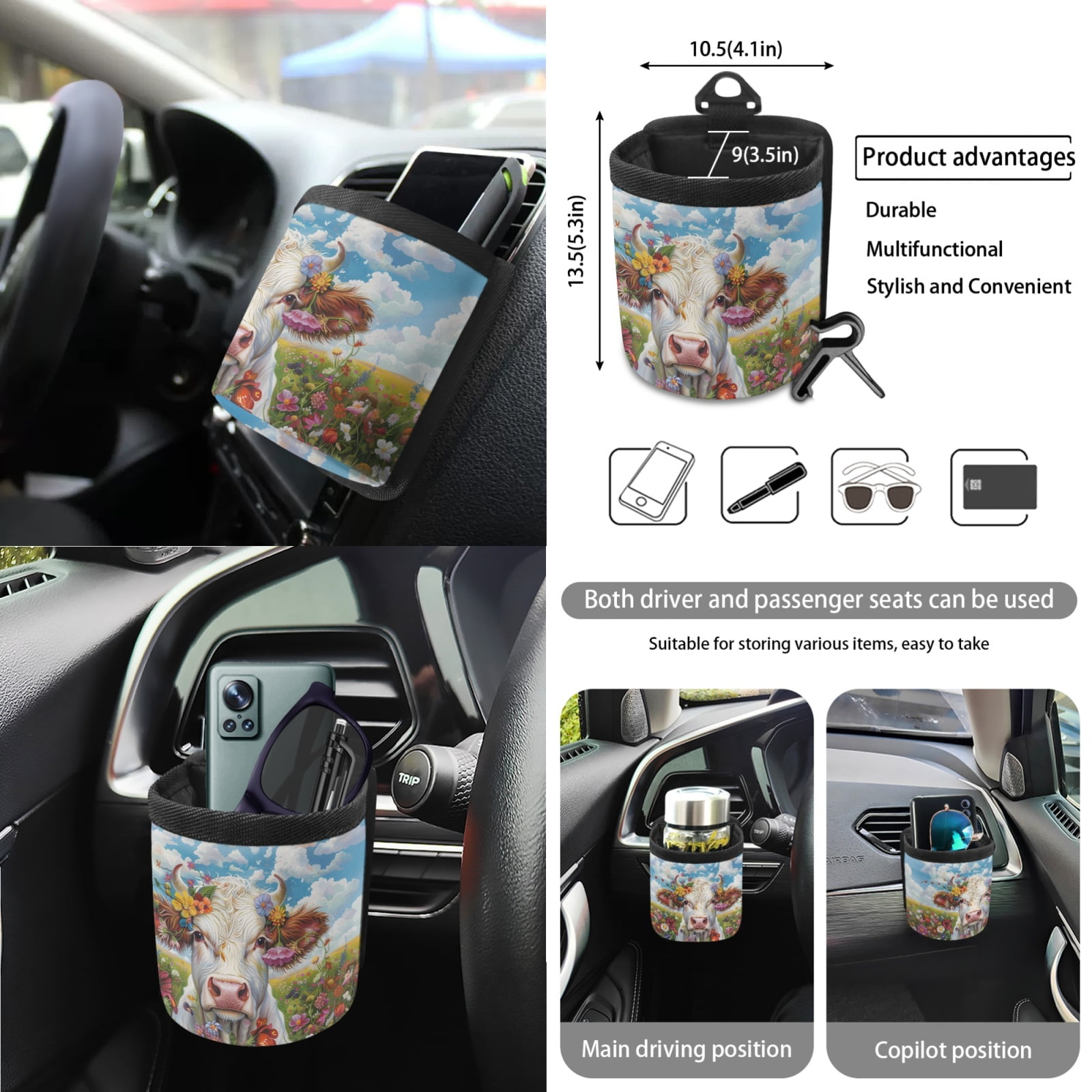 Garronmavis Aesthetic Flower Cow Universal Fit Car Seat Cover Full Set 15 Pieces Wristlet Strap 4 Pcs Seat Belt Car Trash Bag Car Pouch Organizer Interior Rearview Mirrors Protective Cover Cup Mats