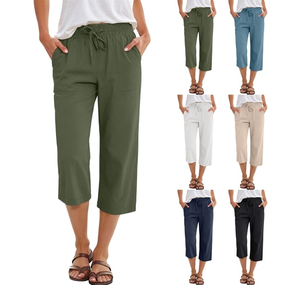 Women Capris Pants Casual Lightweight Wide Leg Pant Drawstring Elastic Capris Pant 3/4 Length Beach Pants, Army Green XXL