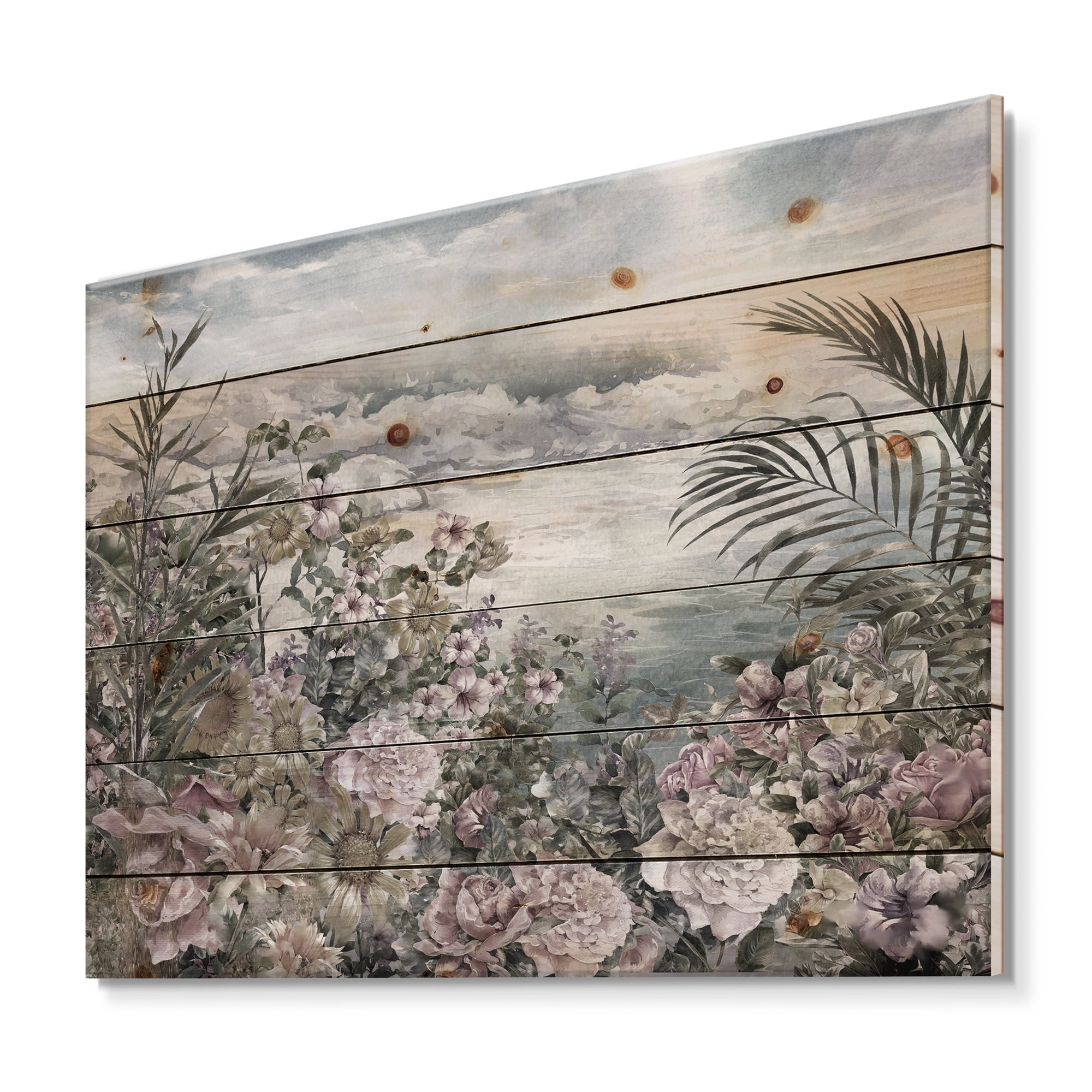 Designart 'Abstract Retro Flowers By The Sea Side' Vintage Print on Natural Pine Wood