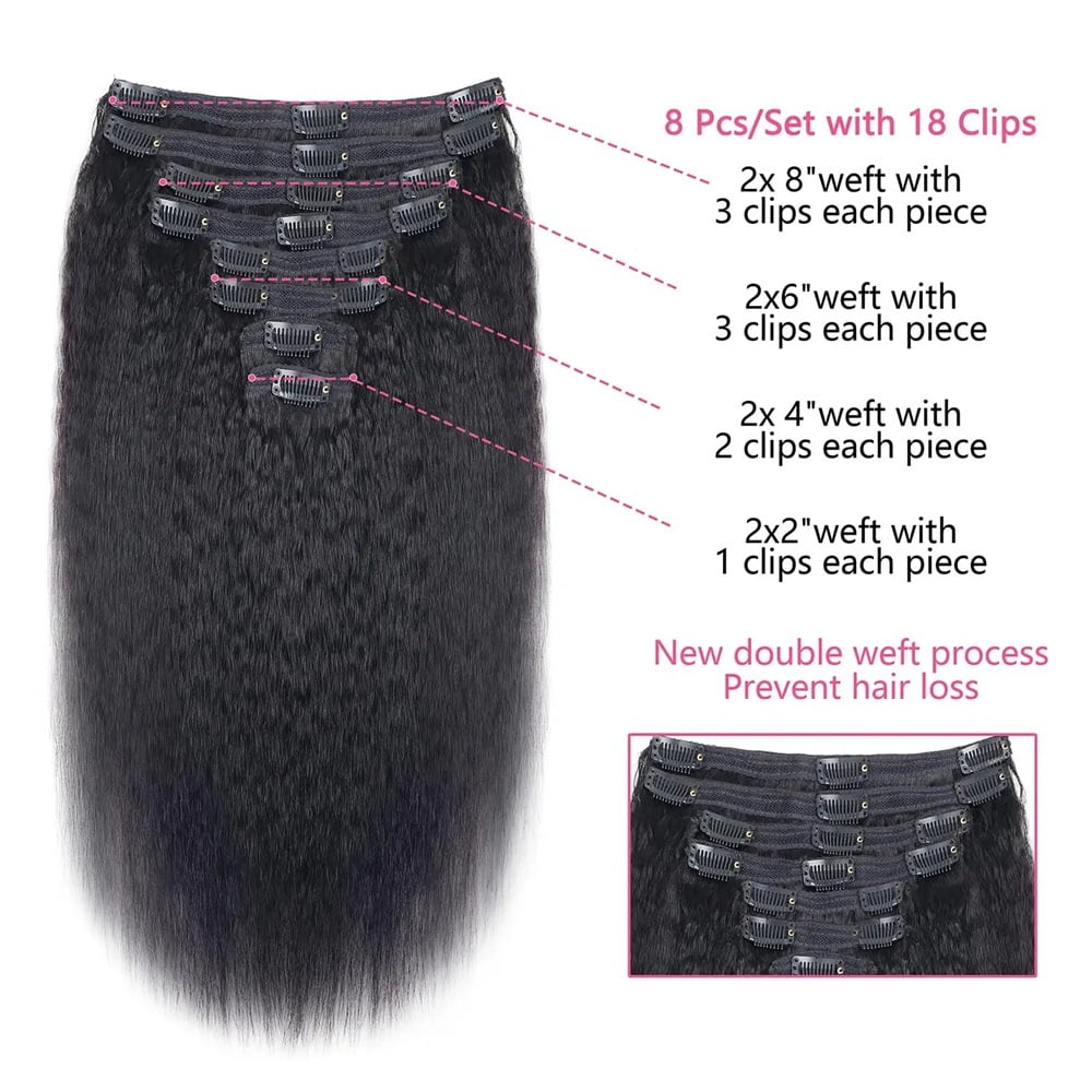 Kinky Straight Clip in Hair Extensions Real Human Hair Natural Black Double Weft Clip ins