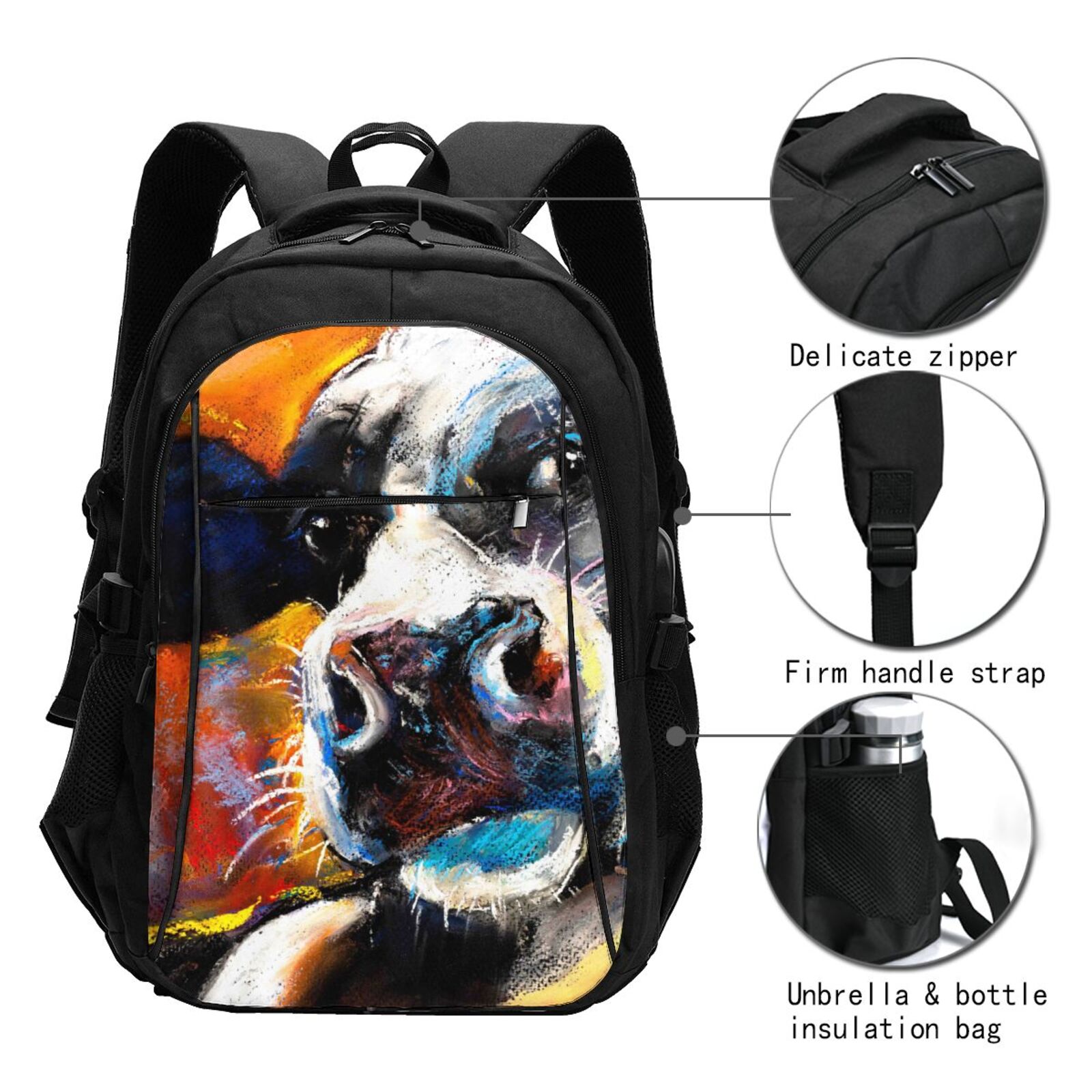 Horeoi Cow Print USB Backpack for Travel School Work with Laptop Compartment Charging Port and Anti-Theft Pocket