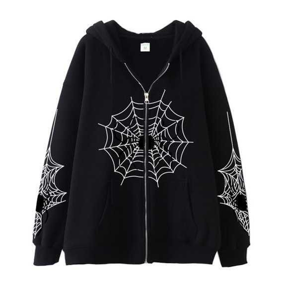 JHDESSLY Unisex Oversized Y2K Zip Up Hoodie for Women Men Gothic Spider Web Graphic Sweatshirt Punk Sweatshirt Coat