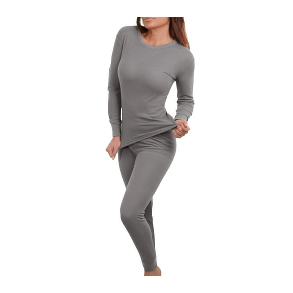 Women's Cotton Waffle Knit Thermal Underwear Stretch Shirt & Pants 2pc Set (Gray, S)
